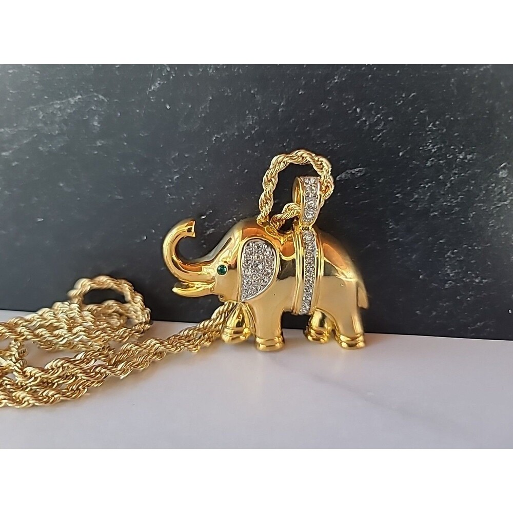 Gold Tone Metal Rhinestone Elephant Pendant Necklace, Vintage Costume Jewelry